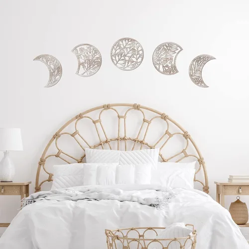 Miniatura 10 de Jetec 5 piezas de arte de pared de fase lunar para colgar en la pared, frontones de madera, fase lunar espiritual, dormitorio, nórdico, bohemio
