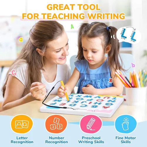 Miniatura 7 de JoyCat Juego de tableros magnéticos de letras y números para trazar, tablero doble cara de alfabeto y números para niños pequeños, práctica de ABC