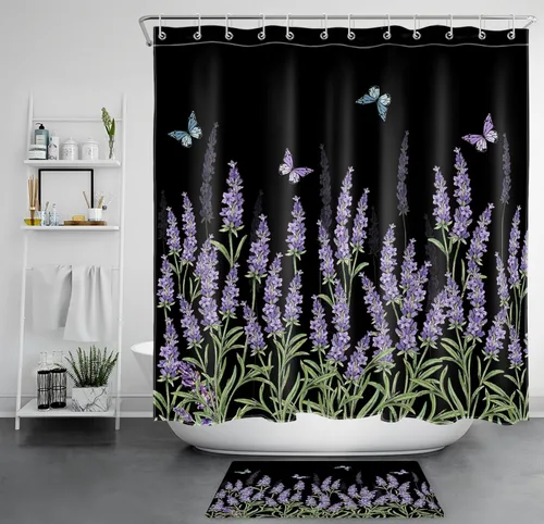 LB Butterfly and Floral Shower Curtain Sets with Rugs Lavender Flower with Green Leaves on Black Fabric Shower Curtain with Hooks Nature Botanical