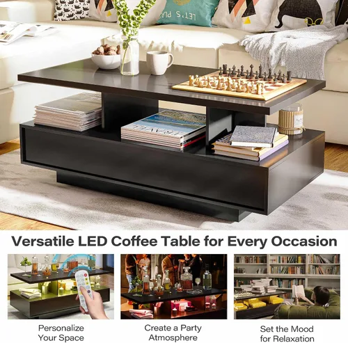 Miniatura 5 de LAUSAINT HOME Mesa auxiliar LED con almacenamiento, moderna mesa de centro iluminada de 2 niveles con aplicación y control remoto, más de 60,000