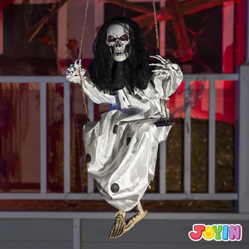 Miniatura 7 de JOYIN 2 piezas de decoración de fantasmas colgantes de Halloween al aire libre, decoración de Halloween con ojos iluminados, espeluznante esqueleto