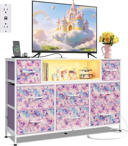 Miniatura 11 de WLIVE - Soporte de TV con cómoda en negro para TV de 45, 50, 55 pulgadas, centro de entretenimiento con luces LED y estación de carga, cómoda con 8