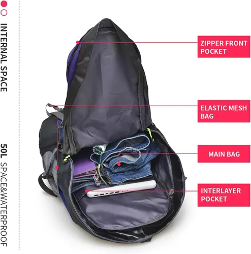 Miniatura 6 de Bseash Mochila de senderismo de 50 L, resistente al agua, ligera, mochila deportiva para deportes al aire libre, bolsa de viaje para camping, Morado