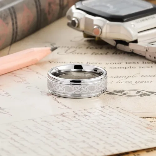 Miniatura 3 de King Will Anillo de boda de tungsteno con nudo celta y llave griega, con dos ranuras, borde pulido con láser, nudo celta y centro de llave griega