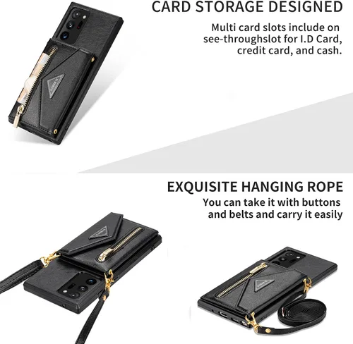 Miniatura 8 de Funda tipo cartera cruzada de piel sintética para Samsung Galaxy S22 Ultra 5G, 6.8 pulgadas, tarjetero, monedero con cremallera y soporte (negro)