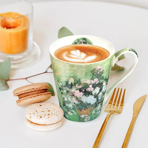 Miniatura 7 de Juego de 4 tazas de café, tazas de porcelana de porcelana de hueso de 12 onzas con impresión artística, mango grande, apto para lavavajillas
