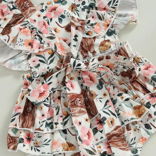 Miniatura 7 de Karuedoo Ropa de bebé del oeste con estampado de vaca, sin mangas, con volantes, traje de vaquera