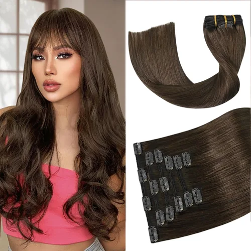 Miniatura 19 de Aison Extensiones de cabello humano real con clip, color marrón oscuro, 2.47 onzas, cabello humano Remy, 12 pulgadas, para mujeres, 7 unidades, 16