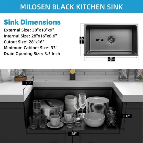 Miniatura 3 de MILOSEN Fregadero de cocina bajo encimera, fregadero de estación de trabajo de acero inoxidable negro metálico de 30×18 pulgadas, fregaderos