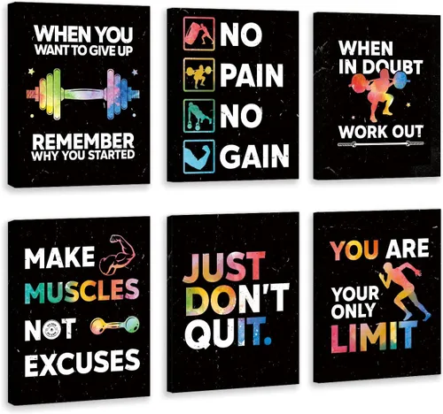 HLNIUC Arte de Pared Motivacional - Juego de Decoración Inspiradora para Sala de Entrenamiento de 6 Piezas (12''X16'', Enmarcado) - Impresión de