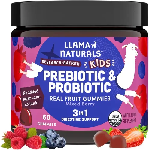 Llama Naturals Gomitas de probióticos para niños con fibra prebiótica, veganas, prebióticos y probióticos orgánicos para el apoyo a la salud