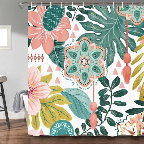 Miniatura 22 de Torich Cortina de ducha floral bohemia, abstracta de mediados de siglo, decoración bohemia, cortinas de baño, flores botánicas, hojas tropicales