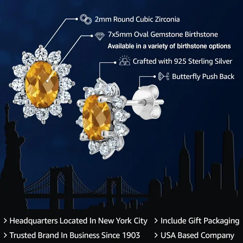 Miniatura 219 de Gem Stone King Aretes ovalados de plata de ley 925 de 0.276 x 0.197 in con piedra natal de la princesa Diana, estilo halo real para mujeres