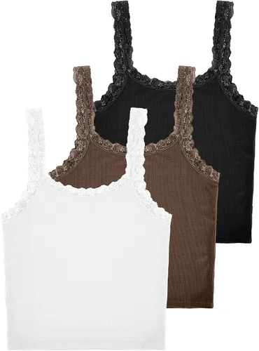Miniatura 6 de Camiseta sin mangas de encaje para mujer, 3 piezas, camiseta sin mangas con encaje y ribete de encaje, Y2K
