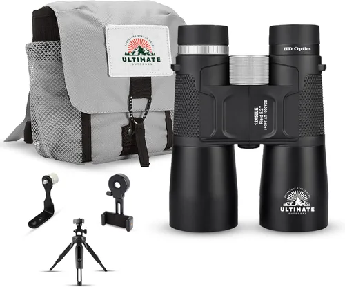 Ultimate Outdoors Prismáticos HD de 12 x 50 para adultos – Potentes prismáticos impermeables con adaptador de teléfono y soporte de trípode | Prisma
