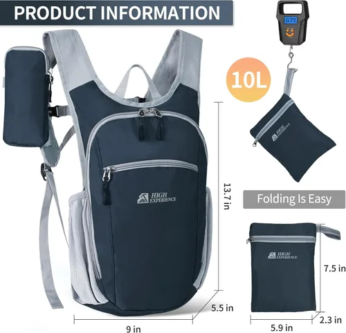 Miniatura 3 de Mochila de senderismo 10L/15L, pequeña mochila de día ligera, plegable, para viajes, resistente al agua, para mujeres y hombres (Gris, 10L)