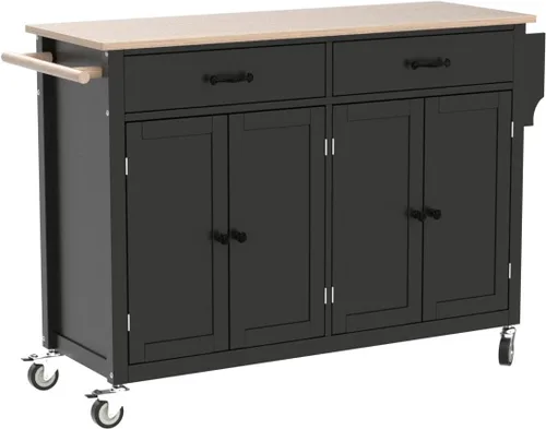 Miniatura 4 de Merax Carrito móvil de isla de cocina con tapa de madera y ruedas de bloqueo, armarios de 4 puertas y 2 cajones, estante para especias y toallas