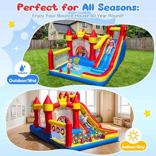 Miniatura 7 de Liaakrr Casa de rebote 8 en 1 para niños, casa inflable con tobogán, pared de escalada, hoyo de pelota, obstáculos, trampolín y aro de baloncesto