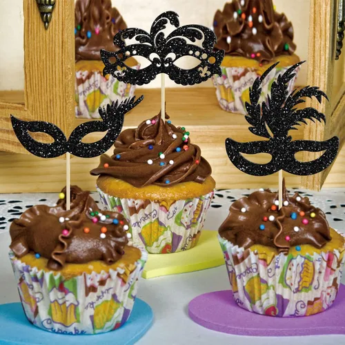 Miniatura 5 de Gyufise 24 máscaras de mascarada para cupcakes con purpurina para despedida de soltera, para cupcakes, comida y frutas, baile de máscaras, Mardi