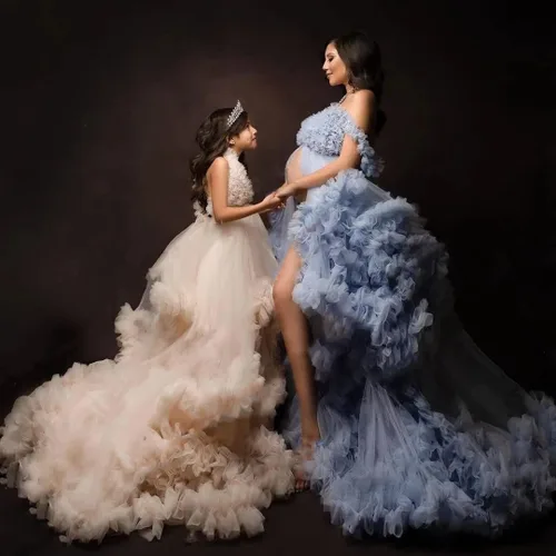 Miniatura 8 de NNagrace Vestido de maternidad de tul para sesión de fotos con volantes hinchados, vestido largo de lencería nupcial, vestido de baby shower