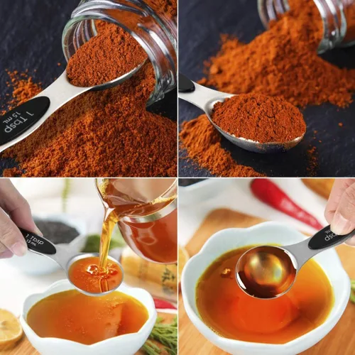 Miniatura 4 de Juego de 16 tazas medidoras y cucharas medidoras magnéticas de acero inoxidable, 8 tazas medidoras con mango de silicona y 7 cucharas magnéticas