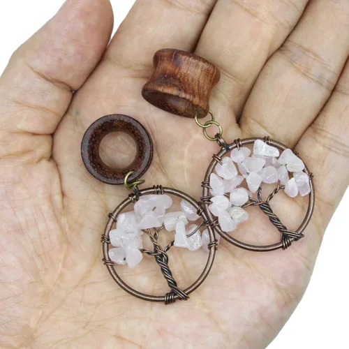 Miniatura 2 de Kit de dilatación de aretes de madera de cuarzo rosa hecho a mano con diseño de árbol de la vida