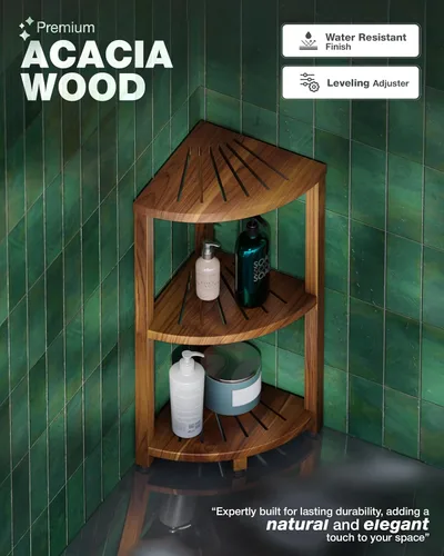 Miniatura 5 de BLUEWEST Soporte esquinero de ducha de 3 niveles, organizador de ducha de madera de pie con pies antideslizantes, estante de esquina de baño