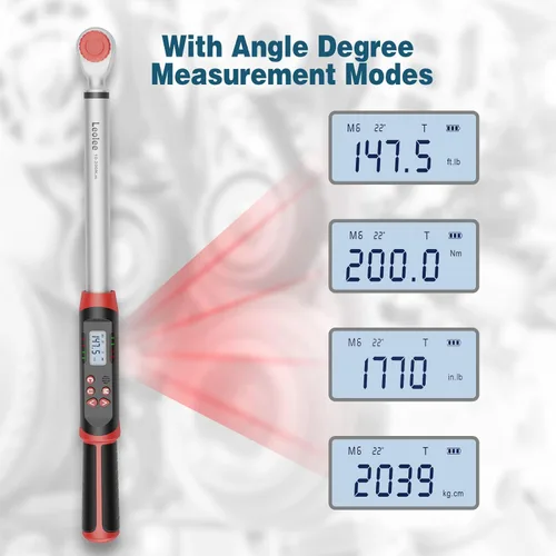 Miniatura 3 de Leolee - Llave dinamométrica digital de 1/2 pulgada con ángulo, 7.38-147.5 pies-libra/10-200 Nm, llave dinamométrica electrónica con valor