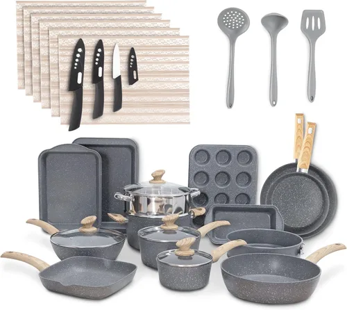 Miniatura 10 de MAISON ARTS Juego de ollas y sartenes antiadherentes de 17 piezas, juegos de utensilios de cocina con revestimiento de piedra de granito Verde