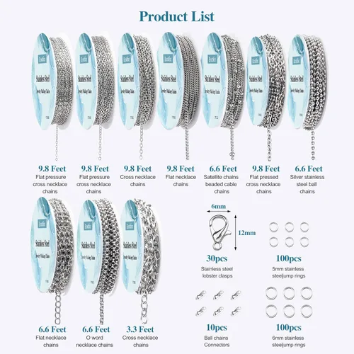 Miniatura 3 de Cadenas de collar para fabricación de joyas, 78.7 pies, 10 rollos de cadenas de joyería de acero inoxidable para hacer collares, pulseras, joyería
