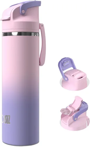 OISIZ Botella de agua aislada de 24 onzas con boquilla 2 en 1 y tapa de popote, cierre de seguridad de un clic, 100% a prueba de fugas, mantiene el