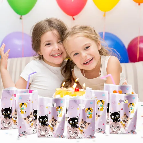 Miniatura 6 de 3sscha 50 bolsas de regalo de fiesta de gato, con temática de gatito, morada, impermeable, bolsa de galletas con asas troqueladas, animales y patas