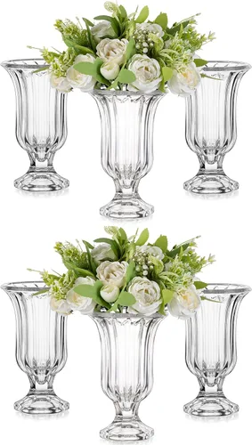 Miniatura 7 de Glasseam Jarrones de vidrio para decoración, juego de 3 jarrones pequeños de compota, jarrones acanalados para centros de mesa, jarrón de pedestal
