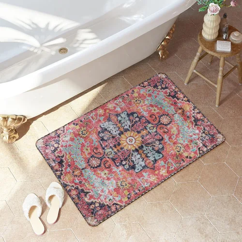 Miniatura 8 de Lahome Alfombra Floral Bohemio Medaillon - 2x3 Pequeña Alfombra de Baño Rosa Caliente, Alfombra de Cocina, Lavable a Máquina, Antideslizante, Suave