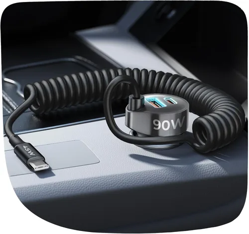 LISEN - Cargador de coche con cable en espiral USB-C integrado de 36 pulgadas de 45 W, adaptador de encendedor de cigarrillos de carga rápida