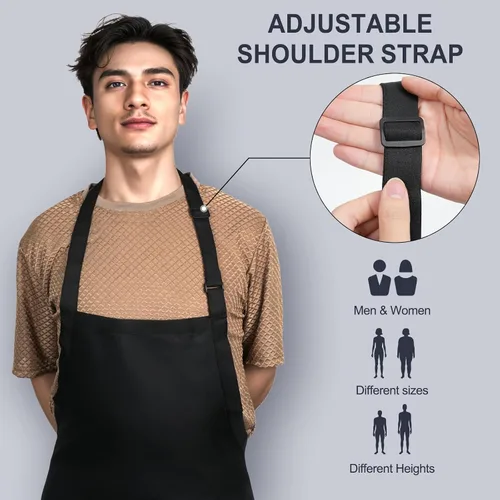 Miniatura 3 de Delantal de chef para hombre y delantal de servidor para mujer con 3 bolsillos, delantales negros para cocinar a la parrilla, unisex