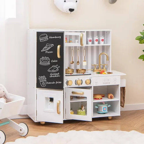 Miniatura 9 de Costzon Cocina de Juguete para Niños, Juego de Cocina de Madera con Estufas, Microondas, Pizarra, Dispensador de Agua, Accesorios de Cocina, Juego