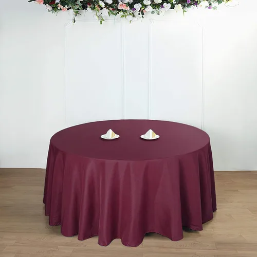 Miniatura 4 de 6 manteles redondos de poliéster de 132 pulgadas, color burdeos, manteles de tela lavable de 132 pulgadas para fiestas, bodas, recepciones, bufés