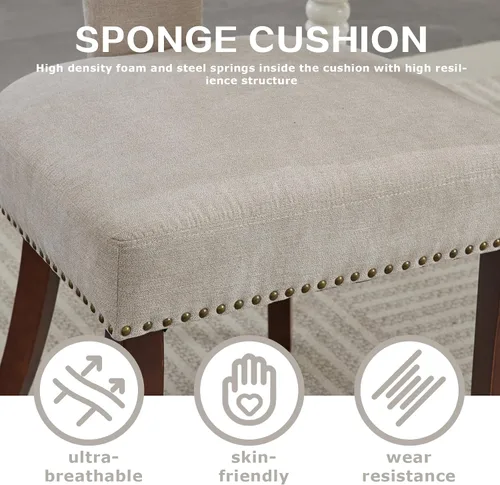 Miniatura 7 de SoarFlash Juego de 2 sillas de comedor modernas de madera, silla tapizada de tela de lino de granja, respaldo curvado con clavos de cobre alrededor