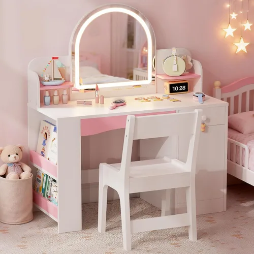 Teckid Juego de tocador para niños con silla y luces, escritorio de maquillaje de princesa 2 en 1, mesa de tocador para niños pequeños con espejo