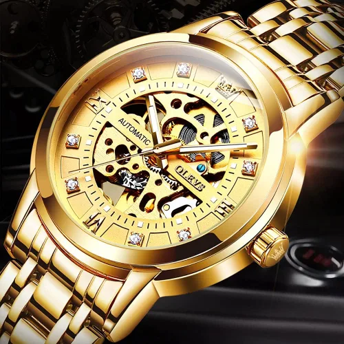 Miniatura 3 de OLEVS Men's Automatic Watch, Luxury Skeleton Large Face Roman Numerals Self Winding Watch, Gold Silver Stainless Steel Watches for Men