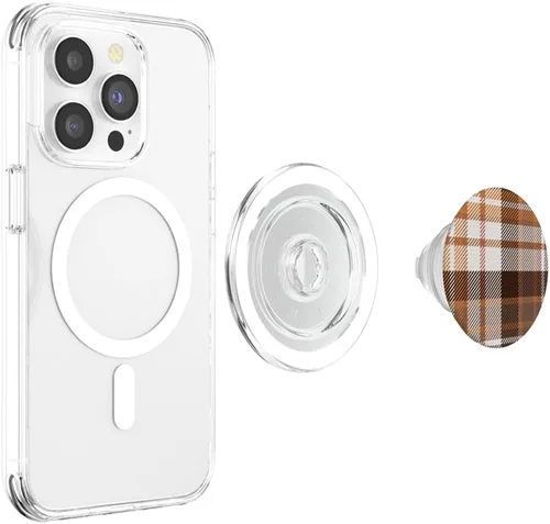 Miniatura 4 de Patrón de tartán naranja marrón y blanco para otoño PopSockets MagSafe PopGrip para iPhone