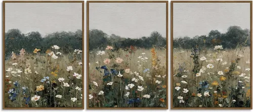 Lienzo enmarcado vintage con paisaje de prado y campo, decoración artística, pintura antigua de paisaje retro, primavera rústica para sala de estar,