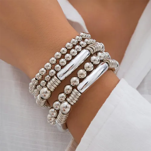 Miniatura 2 de Juego de 5 pulseras de cuentas de oro para mujer, juego de pulseras apilables de bolas de cuentas chapadas en oro de 14 quilates, pulseras