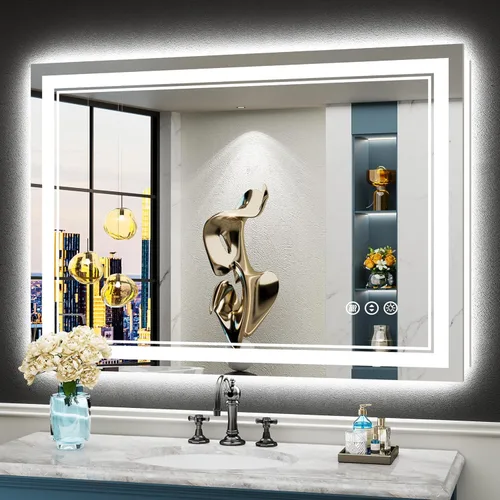 Miniatura 75 de 30x36 Espejo de baño LED con luces, retroiluminado y luz frontal, espejo de tocador iluminado antivaho para pared de baño, 3 colores, regulable