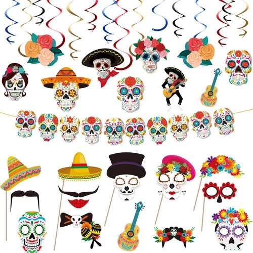 24 piezas de accesorios para cabina de fotos del Día de los Muertos, decoración colgante de fiesta de calavera para el Día de los Muertos,
