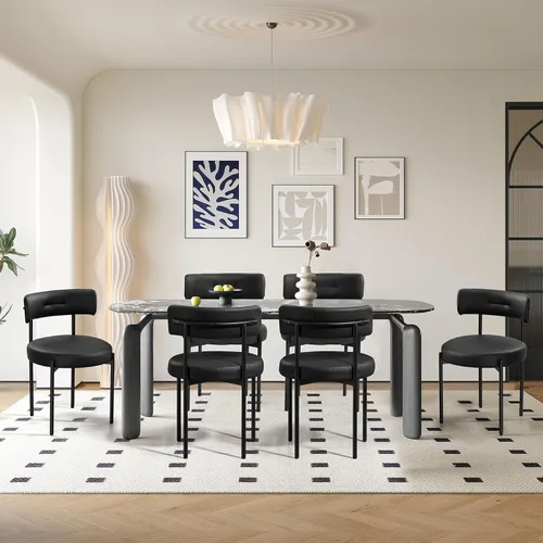 Miniatura 6 de AVAWING Juego de 6 sillas de comedor de piel sintética negra, modernas sillas de cocina tapizadas con patas de metal y respaldo curvo, sillas