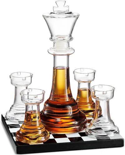 Godinger Juego de decantador de whisky y vasos de whisky, juego de decantador de ajedrez, decantador de licor King, juegos de regalo de whisky