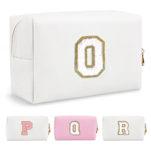 Miniatura 281 de Pequeña bolsa de maquillaje personalizada con inicial A-Z Preppy Patch, bolsa de cosméticos de viaje de felpilla blanca con cremallera, bonita bolsa