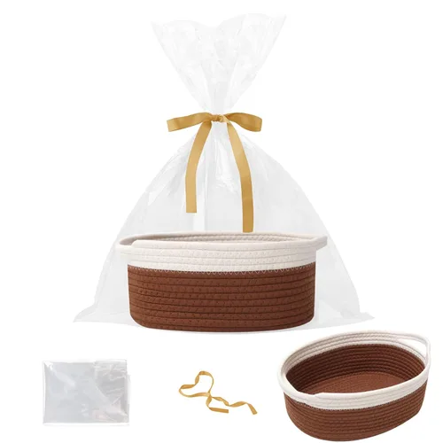 Miniatura 15 de Paquete de 2 canastas pequeñas de cuerda tejida, cesta de regalo vacía con bolsa y cintas, bonita caja organizadora con asa para cumpleaños/baby
